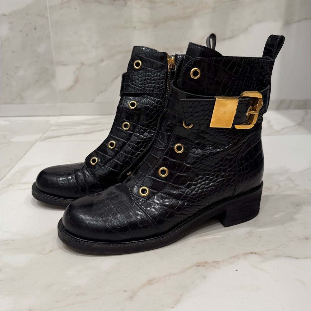 Giuseppe Zanotti Black and Gold Combat Moto Boots, Embossed Crocodile Leather